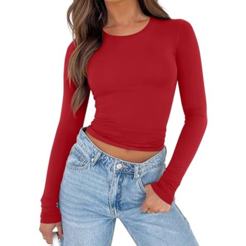 REORIA Womens Long Sleeve Slim Fit Y2K Basic Top