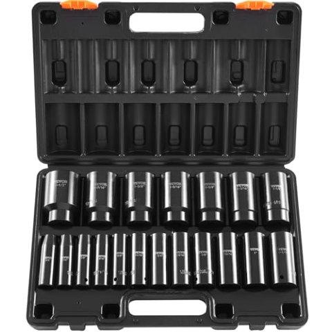 VEVOR 1/2-Inch 19-Piece Cr-V Impact Socket Set Deep 6-Point with Storage Case